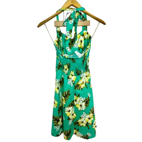 Sara USA Tropical Cotton Halter Dress With Smocked Back Green & Yellow Floral 30 - Picture 5 of 7
